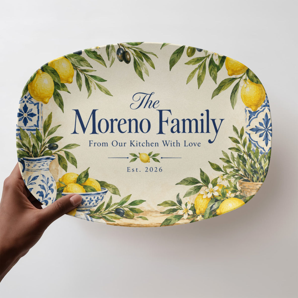 Personalized Lemon & Olive Family Name Serving Platter – Mediterranean Kitchen & Housewarming Gift