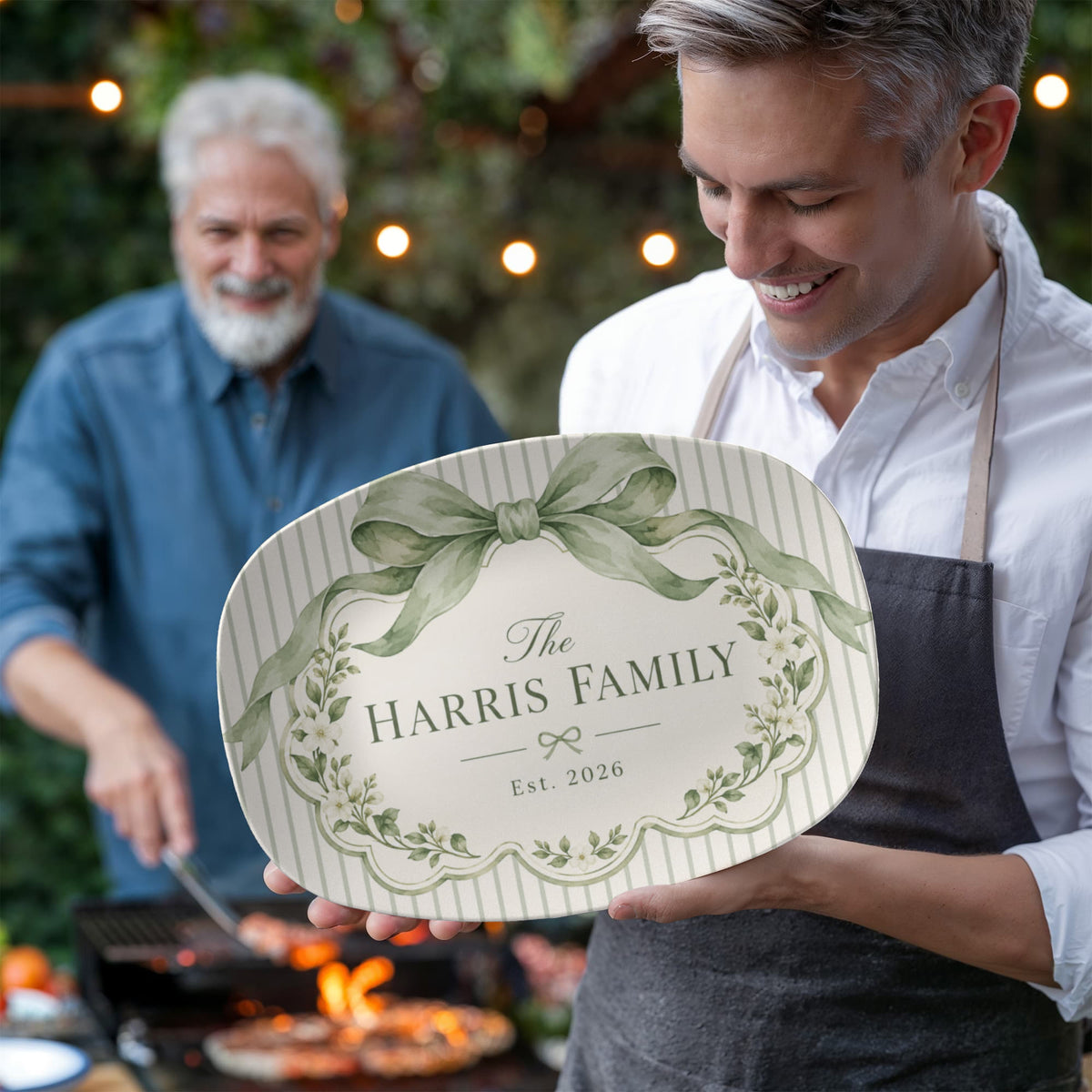 Personalized Family Name Serving Platter – Sage Green Bow & Floral Design
