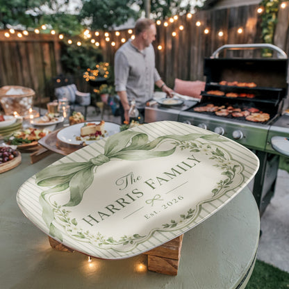 Personalized Family Name Serving Platter – Sage Green Bow & Floral Design