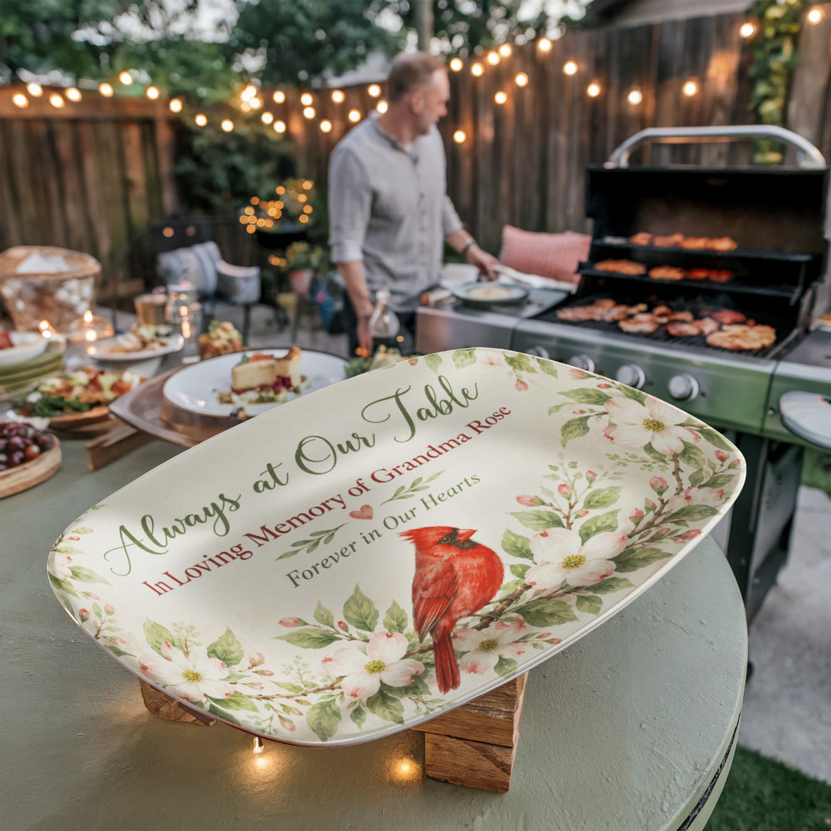 Personalized Memorial Serving Platter – Always at Our Table Cardinal Remembrance Gift