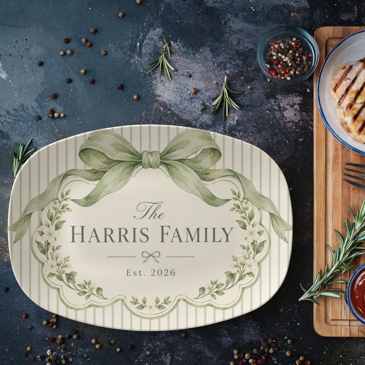 Personalized Family Name Serving Platter – Sage Green Bow & Floral Design