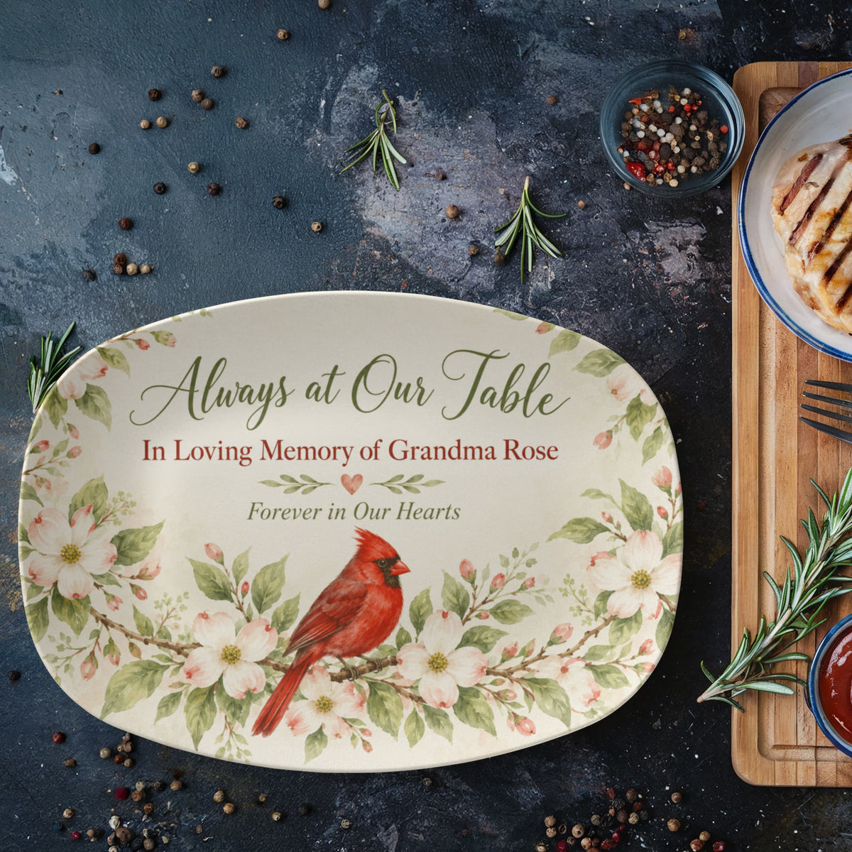 Personalized Memorial Serving Platter – Always at Our Table Cardinal Remembrance Gift
