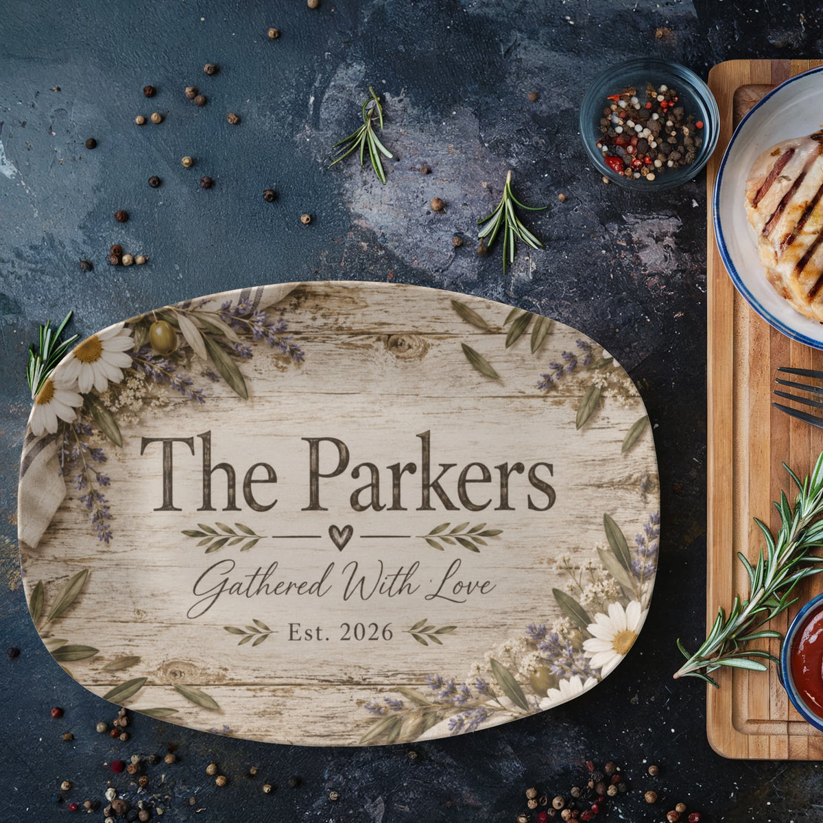 Personalized Rustic Farmhouse Serving Platter – Custom Family Name & Established Year Gift
