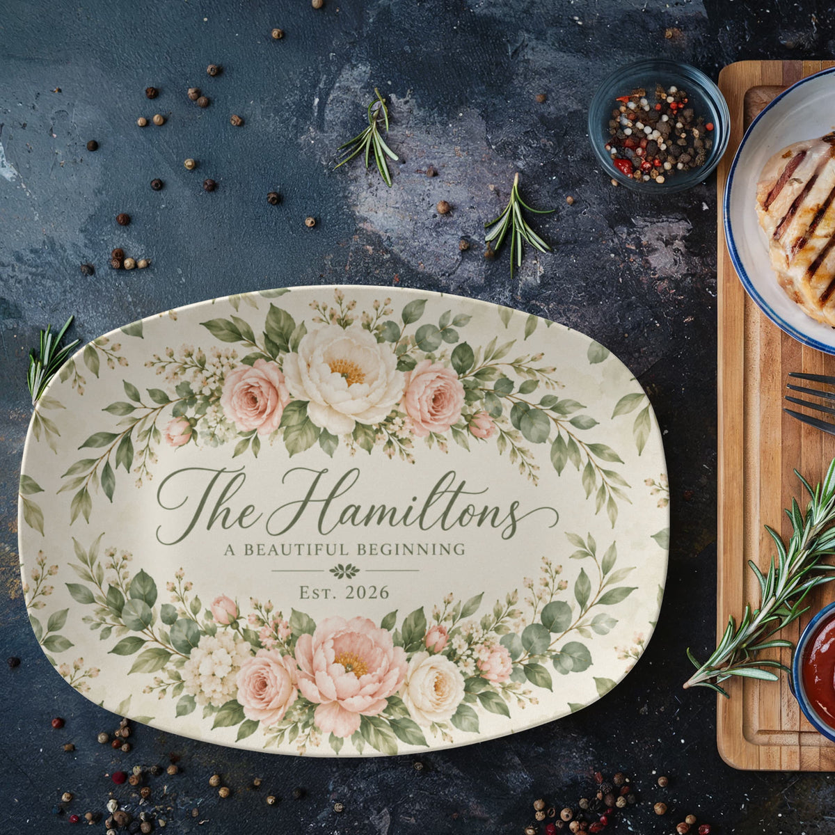 Personalized Floral Family Name Serving Platter – Custom Established Year Wedding & Housewarming Gift