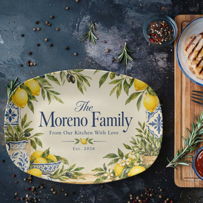 Personalized Lemon & Olive Family Name Serving Platter – Mediterranean Kitchen & Housewarming Gift