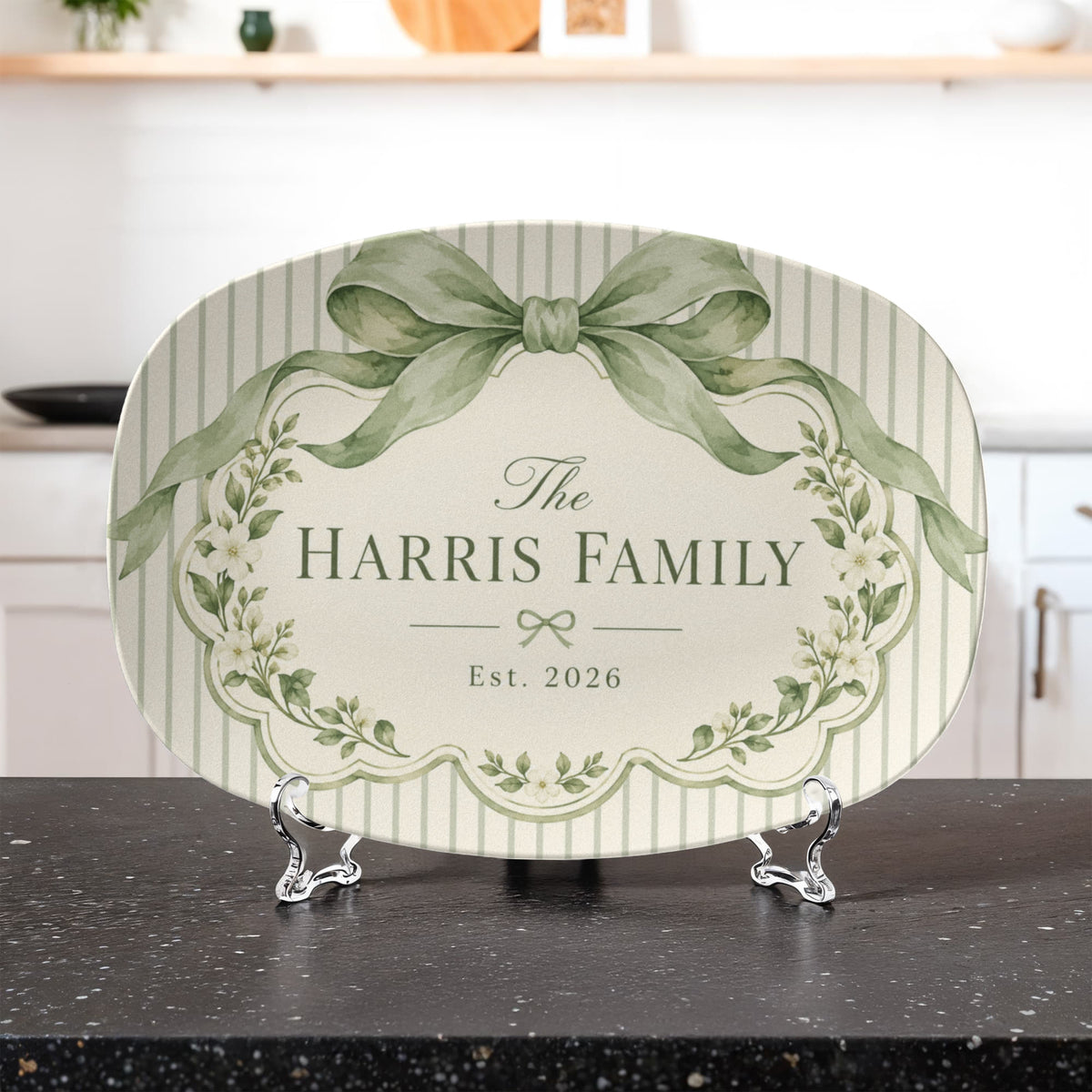 Personalized Family Name Serving Platter – Sage Green Bow & Floral Design