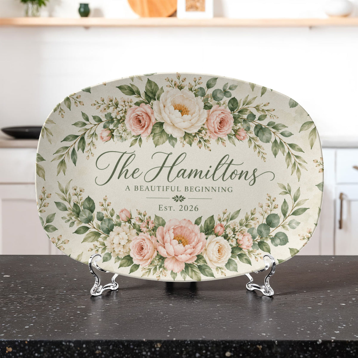 Personalized Floral Family Name Serving Platter – Custom Established Year Wedding & Housewarming Gift
