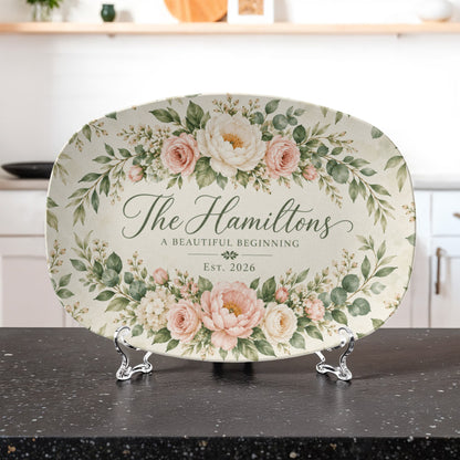 Personalized Floral Family Name Serving Platter – Custom Established Year Wedding & Housewarming Gift