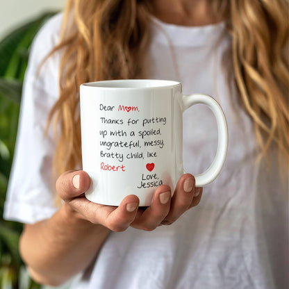 Funny Personalized Photo Mug for Mom – Custom Photo & Names – Dear Mom Thanks for Putting Up With My Sibling Mug