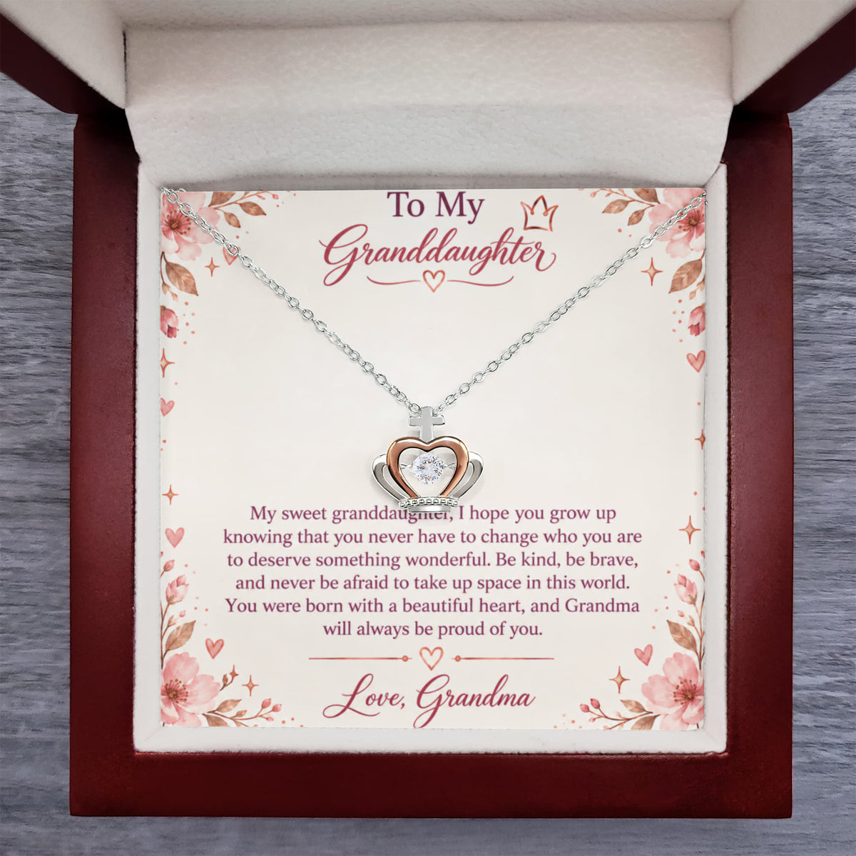 To My Granddaughter – Be Kind, Be Brave Crown Pendant Necklace with LED Luxury Gift Box | Gift From Grandma