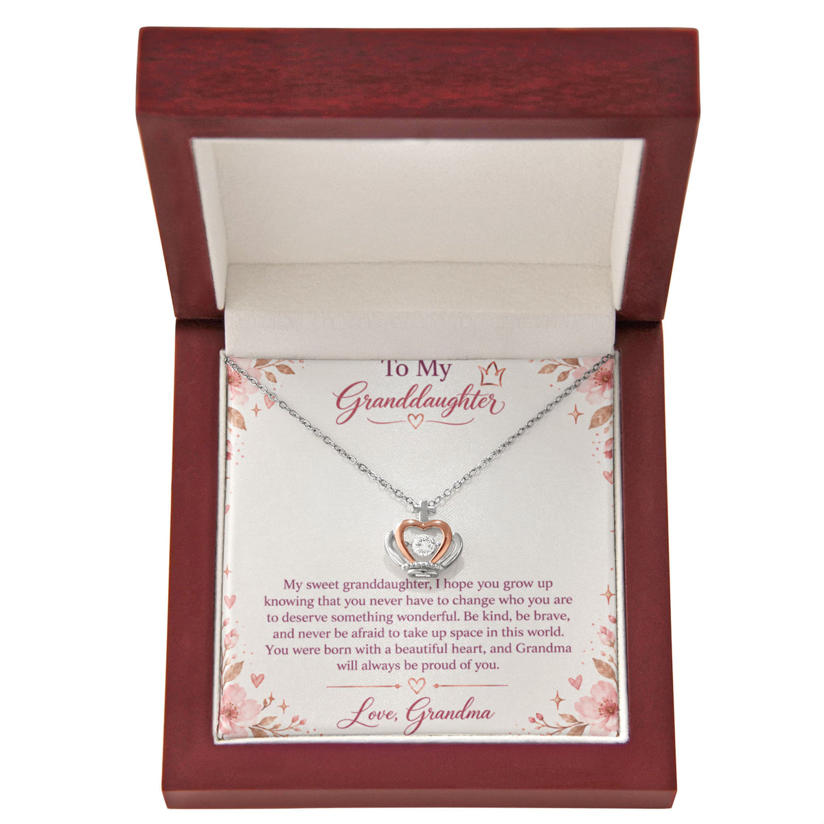 To My Granddaughter – Be Kind, Be Brave Crown Pendant Necklace with LED Luxury Gift Box | Gift From Grandma