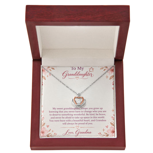 To My Granddaughter – Be Kind, Be Brave Crown Pendant Necklace with LED Luxury Gift Box