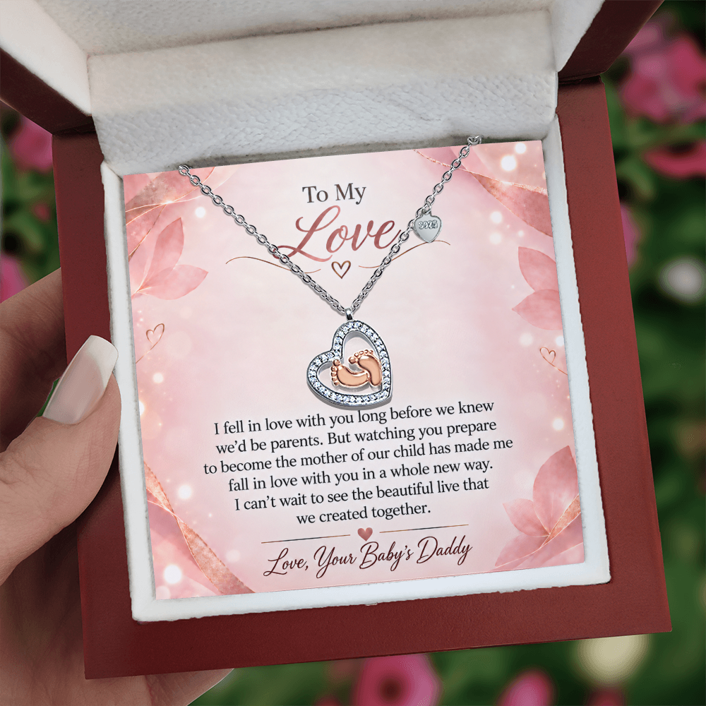 To My Love – Falling in Love With You All Over Again Baby Feet Heart Necklace | Pregnancy Gift From Dad-to-Be