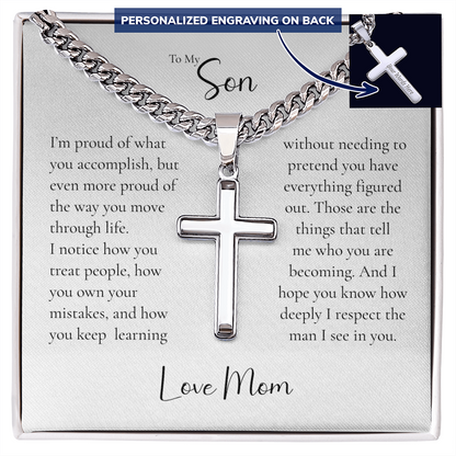 To My Son Cross Necklace From Mom – Proud of the Man You're Becoming | Personalized Engraved Necklace
