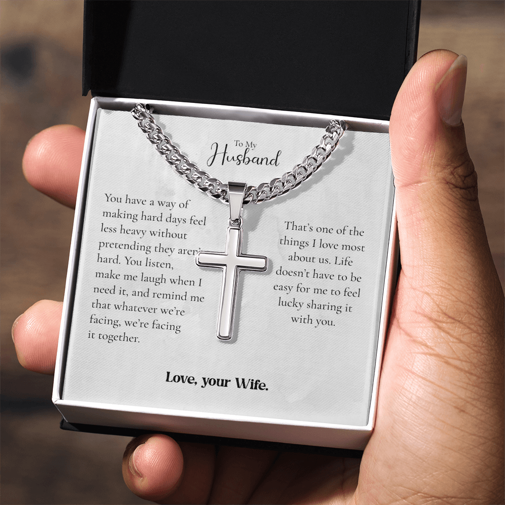 To My Husband Cross Necklace From Wife – Whatever We Face, We Face Together | Personalized Engraving Gift