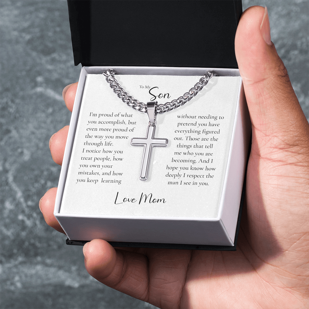 To My Son Cross Necklace From Mom – Proud of the Man You're Becoming | Personalized Engraved Necklace