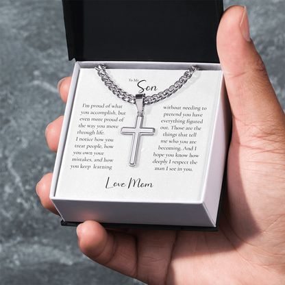 To My Son Cross Necklace From Mom – Proud of the Man You're Becoming | Personalized Engraved Necklace