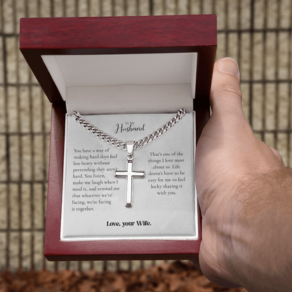 To My Husband Cross Necklace From Wife – Whatever We Face, We Face Together | Personalized Engraving Gift
