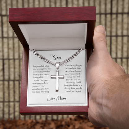 To My Son Cross Necklace From Mom – Proud of the Man You're Becoming | Personalized Engraved Necklace