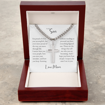 To My Son Cross Necklace From Mom – Proud of the Man You're Becoming | Personalized Engraved Necklace