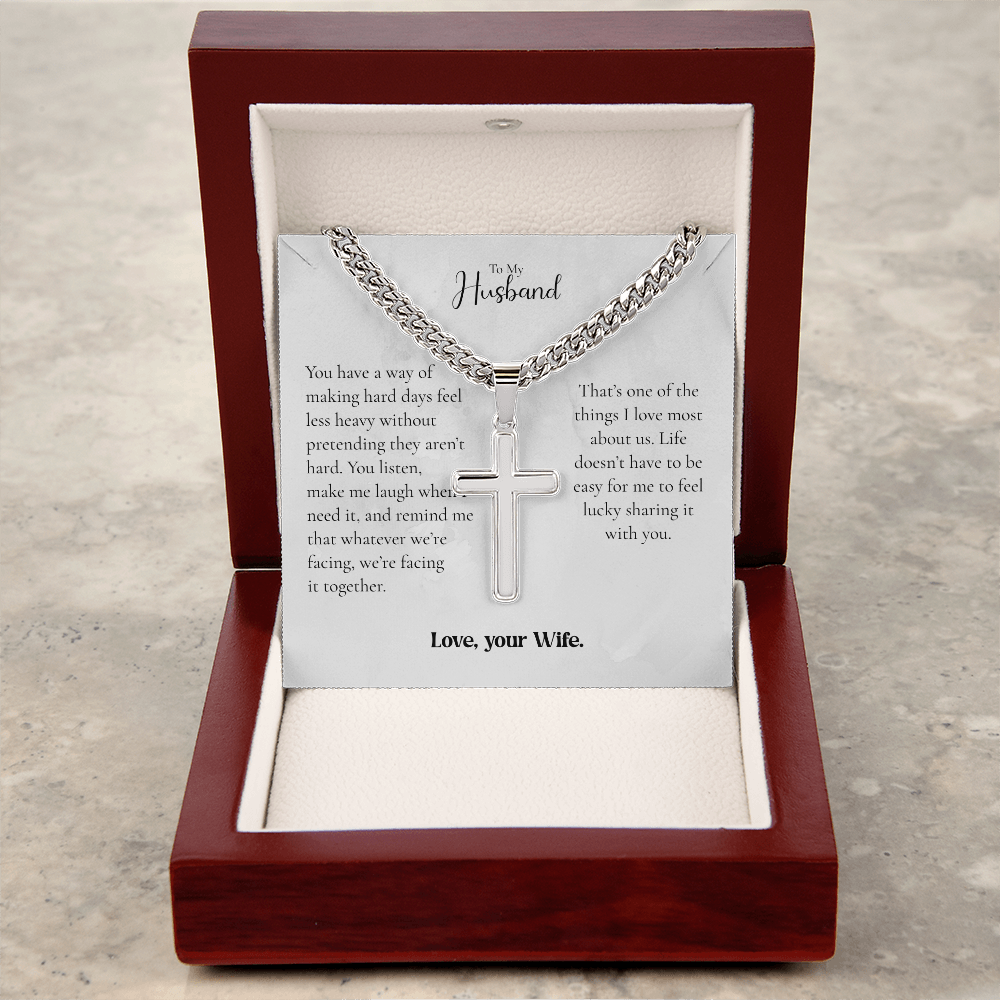 To My Husband Cross Necklace From Wife – Whatever We Face, We Face Together | Personalized Engraving Gift