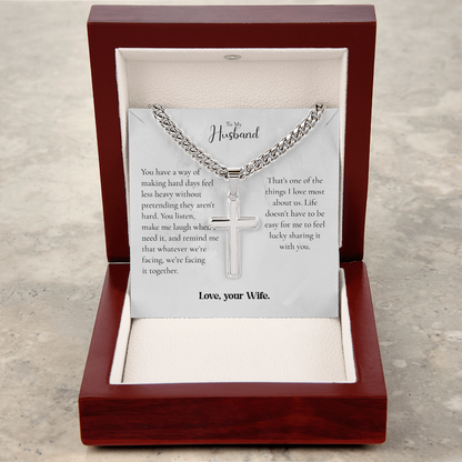 To My Husband Cross Necklace From Wife – Whatever We Face, We Face Together | Personalized Engraving Gift