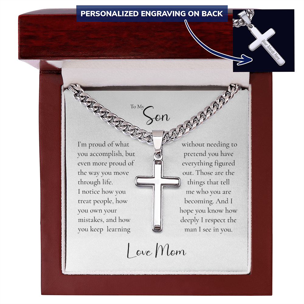 To My Son Cross Necklace From Mom – Proud of the Man You're Becoming | Personalized Engraved Necklace