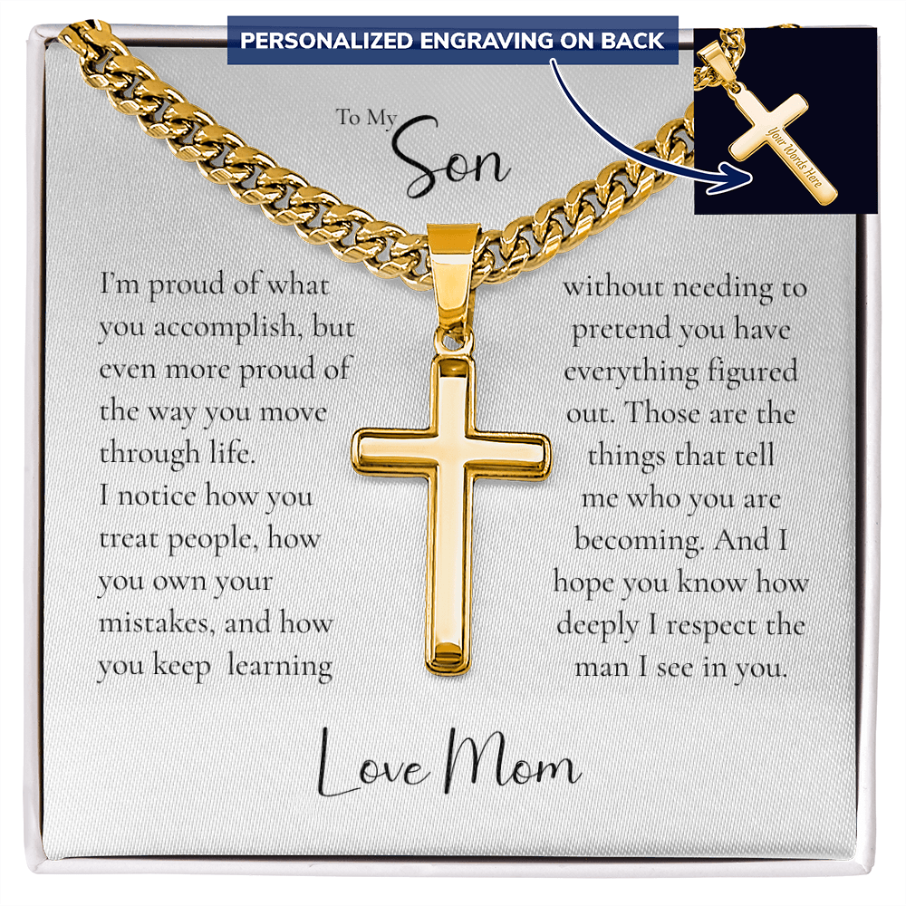 To My Son Cross Necklace From Mom – Proud of the Man You're Becoming | Personalized Engraved Necklace