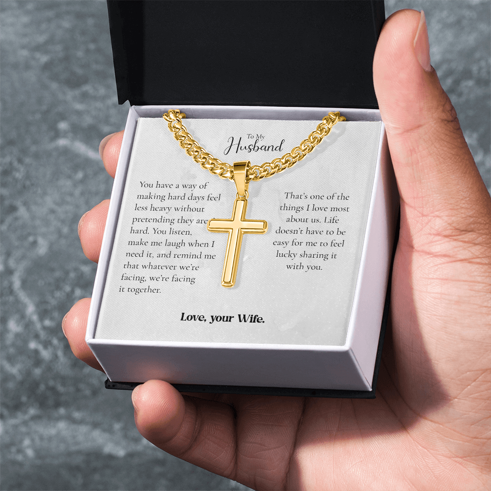 To My Husband Cross Necklace From Wife – Whatever We Face, We Face Together | Personalized Engraving Gift