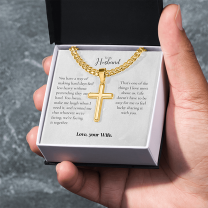 To My Husband Cross Necklace From Wife – Whatever We Face, We Face Together | Personalized Engraving Gift