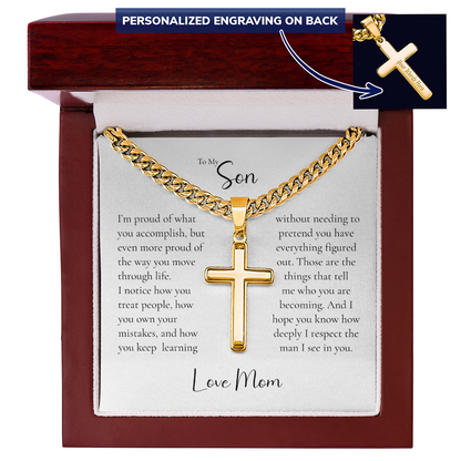 To My Son Cross Necklace From Mom – Proud of the Man You're Becoming | Personalized Engraved Necklace