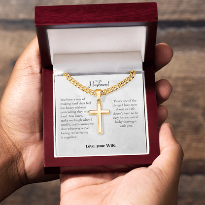 To My Husband Cross Necklace From Wife – Whatever We Face, We Face Together | Personalized Engraving Gift