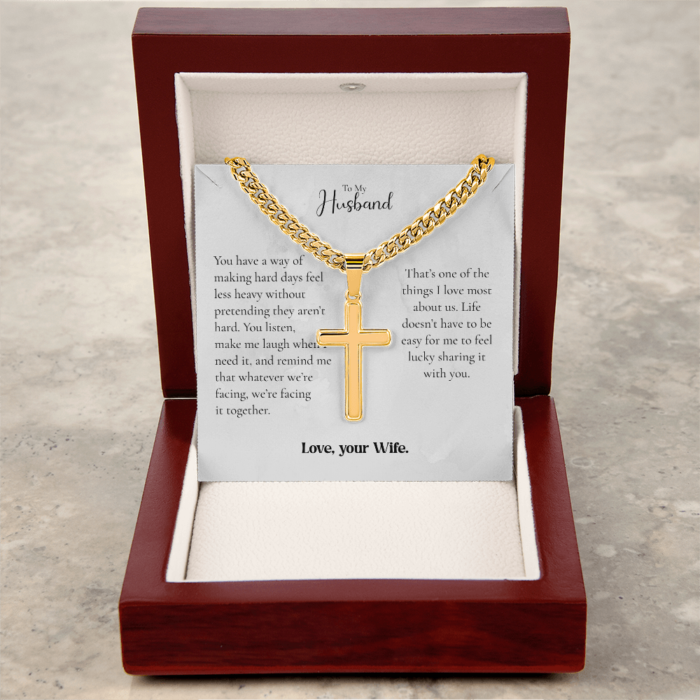 To My Husband Cross Necklace From Wife – Whatever We Face, We Face Together | Personalized Engraving Gift