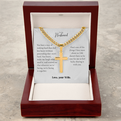 To My Husband Cross Necklace From Wife – Whatever We Face, We Face Together | Personalized Engraving Gift
