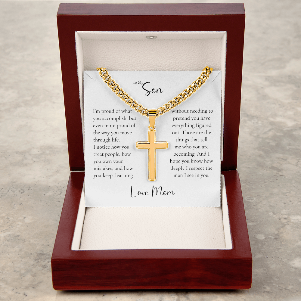 To My Son Cross Necklace From Mom – Proud of the Man You're Becoming | Personalized Engraved Necklace