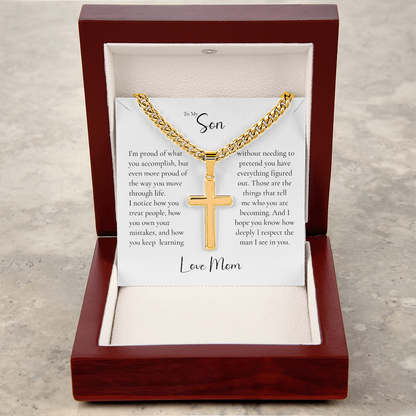 To My Son Cross Necklace From Mom – Proud of the Man You're Becoming | Personalized Engraved Necklace