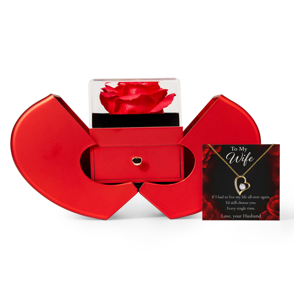 To My Wife Forever Love Necklace with Everlasting Rose Heart Gift Box