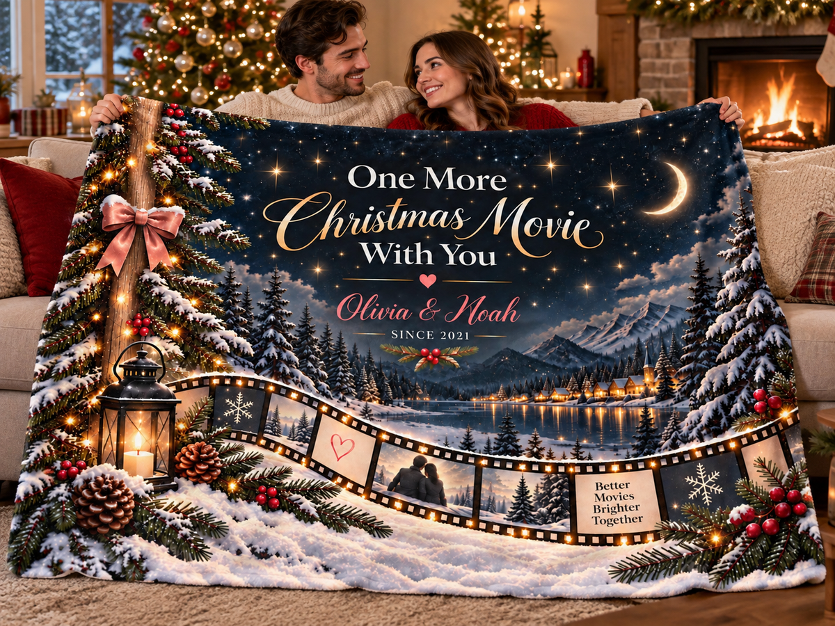 Couple holding the personalized One More Christmas Movie With You fleece blanket in a cozy holiday living room