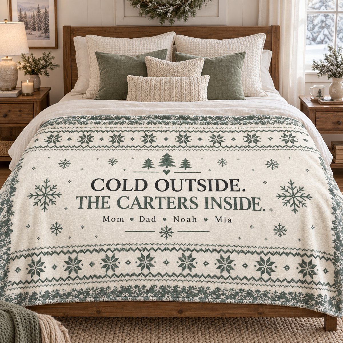 Large cream and sage personalized family fleece blanket spread across a bed, displaying the sample Carter surname and family names.