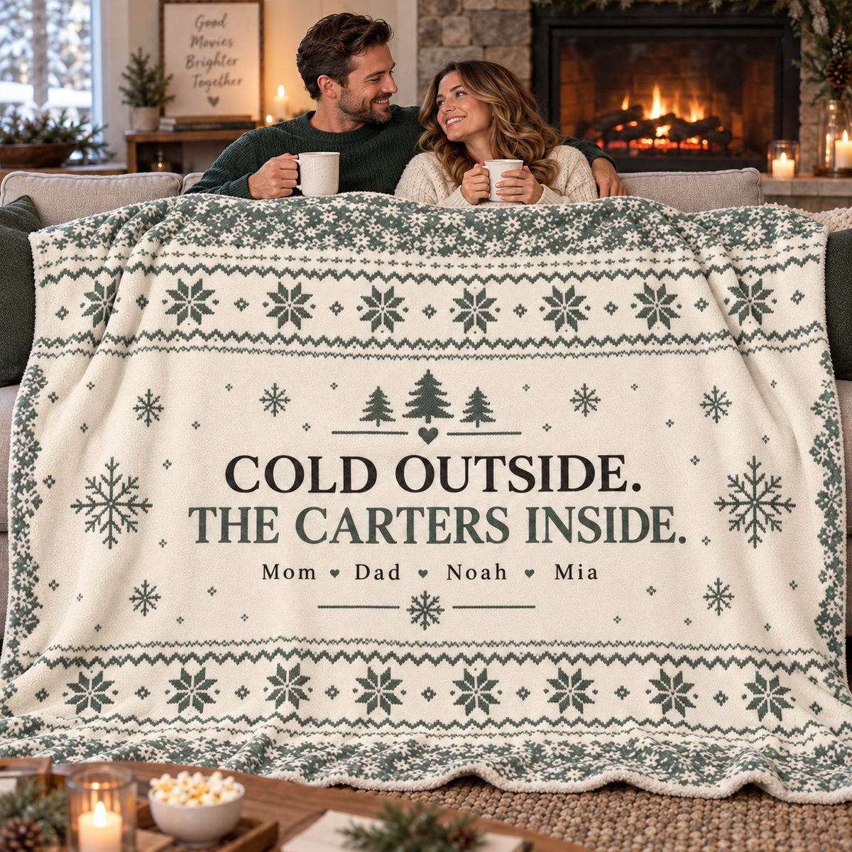 Couple sharing a large 80 by 60 cream and sage personalized fleece blanket on a sofa, with the sample Carter family design visible.