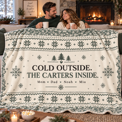Couple sharing a large 80 by 60 cream and sage personalized fleece blanket on a sofa, with the sample Carter family design visible.