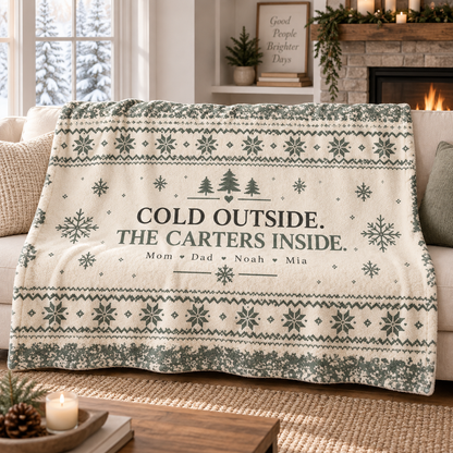 Large 80 by 60 cream and sage personalized family fleece blanket draped across a sofa, showing the sample Carter family design.